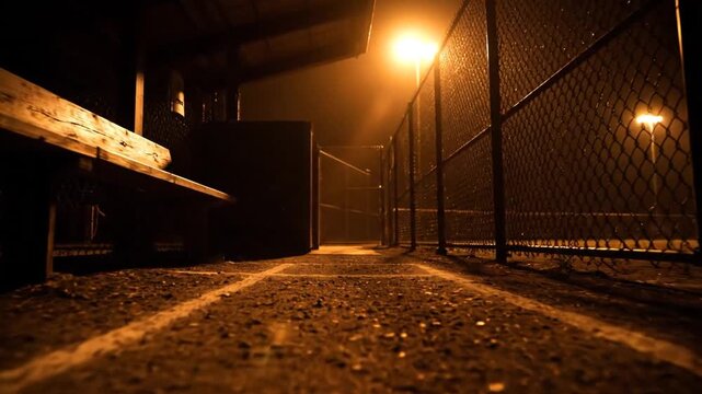 Dolly Shot of Softball Dugout Entry with Chalked Base Path under Sodium Vapor Lamps
