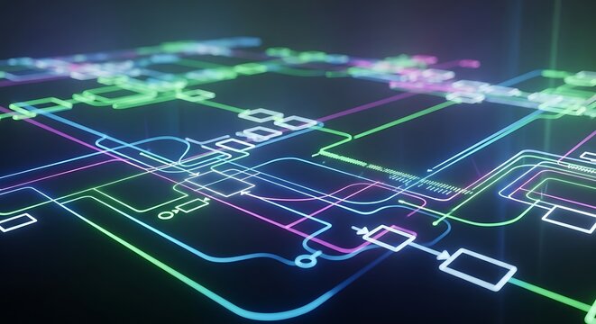Abstract glowing digital network with interconnected lines and geometric shapes representing data flow and futuristic technology.