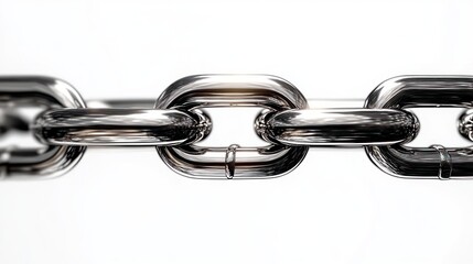 Close-up of a silver metal chain link with a small ring attached, shiny and reflective, symbolizing strength and connection with a bright white background