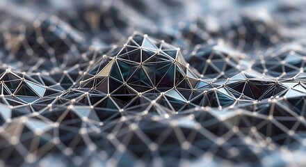 Abstract 3D render of a geometric polygonal structure with interconnected metallic lines and nodes, symbolizing data, technology, and network complexity.