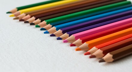 A vibrant spectrum of sharpened colored pencils arranged in a diagonal line on a textured white surface.