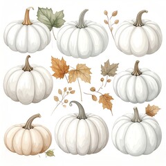 Collection of white and cream pumpkins with autumn leaves and sprigs