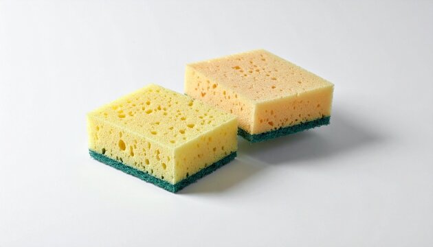 Render two rectangular cleaning sponges with yellow and green foam tops and dark blue scrubbing bottoms, placed on a clean surface to emphasize texture contrast, utility, and household simplicity.