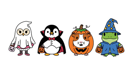 Spooky Halloween Friends: A whimsical illustration showcases a cute ghost, a dapper vampire penguin, a pumpkin-shaped Guinea pig, and a wizard frog, each ready for a night of trick-or-treating.