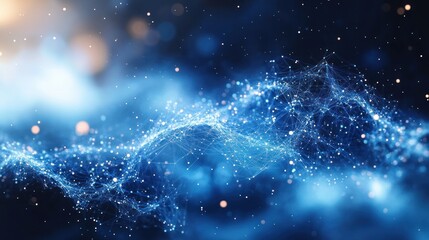 Abstract futuristic digital network with glowing blue interconnected nodes and lines creating a wave-like structure on a dark background with floating light particles
