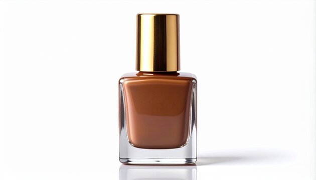 Render a clear glass bottle of brown nail polish with a metallic gold cap, isolated on a clean background to emphasize cosmetic elegance, product design, and modern beauty packaging.