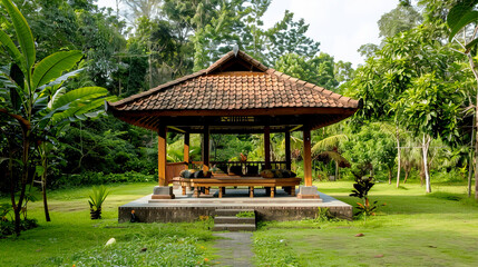 Tranquil wooden pavilion surrounded by lush greenery in nature