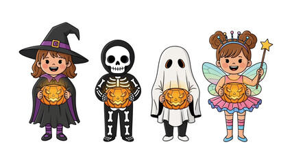 Spooky Delights: A colorful and fun illustration of children in adorable Halloween costumes, each holding a carved pumpkin, perfect for adding a touch of festive charm.