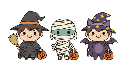 Spooky Costume Trio: Three charming children dressed up in whimsical Halloween costumes: a witch, a mummy, and a bat, carrying jack-o'-lanterns with playful expressions.