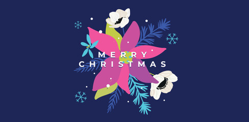 Floral Merry Christmas greeting card design. Modern vector illustration with winter flowers, leaves, snowflakes on dark background. Festive holiday decoration for posters, prints, invitations.