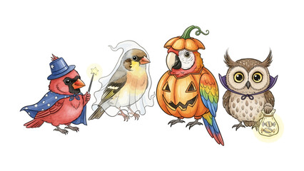 Halloween Bird Crew: Adorable birds dressed in enchanting costumes. From a charming cardinal wizard with a star wand, a spooky goldfinch ghost, a vibrant pumpkin parrot, and a wise owl vampire.