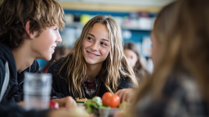 A group of diverse teenagers enjoying lunch in a school cafeteria. Two young Caucasian students, a boy with blond hair and a girl with long brown hair, are smiling.