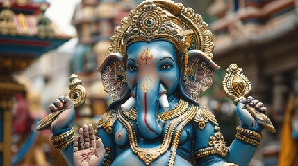 Fototapeta premium Vibrant Lord Ganesha Statue Surrounded by Colorful Temples