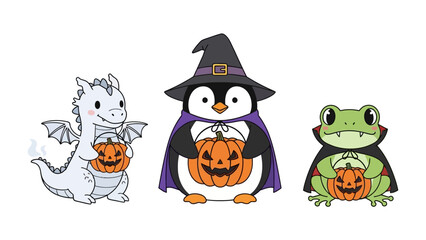 Whimsical Halloween Trio: A charming cartoon illustration showcases a whimsical Halloween ensemble, featuring a friendly dragon, penguin, and frog.