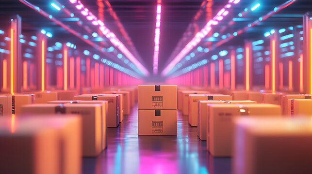 Dynamic futuristic warehouse with glowing neon lights highlighting rows of packages for efficient global e-commerce logistics and fast delivery.