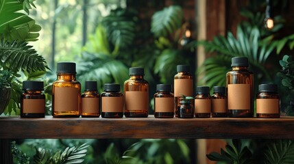 Row of various amber glass bottles with blank brown labels displayed on a rustic wooden shelf surrounded by lush green tropical foliage in soft natural light