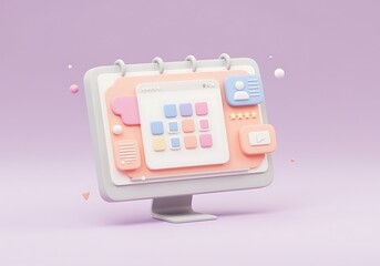 Cute pastel rendered computer screen with various app icons and user interface elements for creative projects and modern design concepts