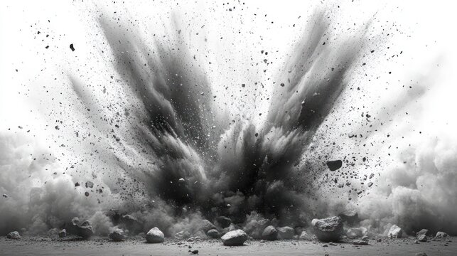 Black and white image of a large explosion with debris, dust, and rocks flying outward, creating a dramatic and chaotic scene
