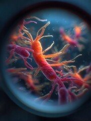 Microscopic perspective of an abstract red microbe, reflecting immune system defense and biological processes in cellular biology.
