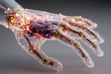 A translucent robotic hand with golden joints and glowing neural pathways, representing the fusion of AI and human biology.  Next generation prosthetics with digital nervous system
