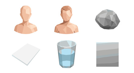 Vector art of low poly human busts, rock, paper, glass of water, and layered square
