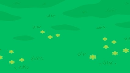 A cheerful, cartoon-style illustration of a green field with simple flowers and tufts of grass, perfect for backgrounds or children's content