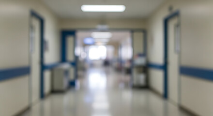 Fototapeta premium Blurred Hospital Corridor A Wide Perspective of Medical Facility with Doors and Dim Lighting