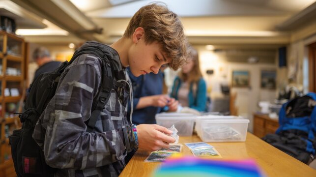 A young Caucasian boy with curly blond hair examines photographs at a wooden counter. Two people are visible in the background, engaged in conversation.