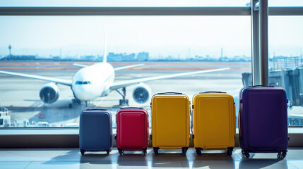 Colorful Luggage Collection in Airport with Airplane in Background and Clear Sky