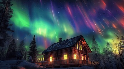 Beautiful Wooden Cabin Underneath Vibrant Northern Lights at Night