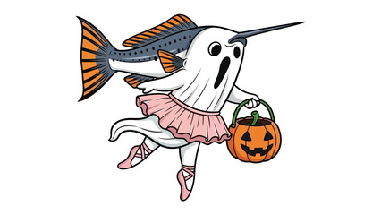 Halloween Narwhal Ghost: A whimsical and artistic rendering of a narwhal transformed into a whimsical Halloween ghost, complete with ballet attire and holding a pumpkin basket. © Mohiuddin123