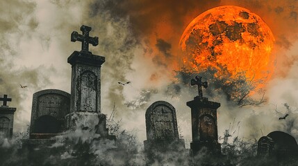 Eerie Graveyard Under Moonlight with Spooky Atmosphere at Night