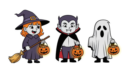 Halloween Trio: A delightful trio of spooky figures, a witch, a vampire, and a ghost, each holding a glowing pumpkin pail. A charming illustration for the most fun and exciting holiday.