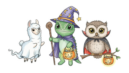 Magical Halloween Gathering: A trio of enchanting creatures in whimsical costumes gathers for Halloween. The charming composition showcases the spirit of the holiday with an owl, llama.