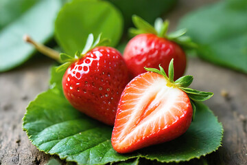 Fresh Strawberries on Green Leaves with Rustic Wooden Background