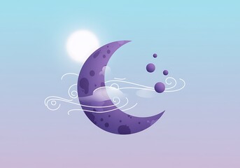 Dreamy crescent moon vector design with soft pastel sky and whimsical clouds illustration for children stories and fantasy themes