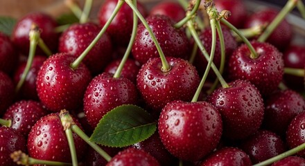Fresh Red Cherries with Water Droplets  
