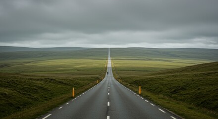 A long road stretches into the distance under an overcast sky with fields on either side representing travel and journey