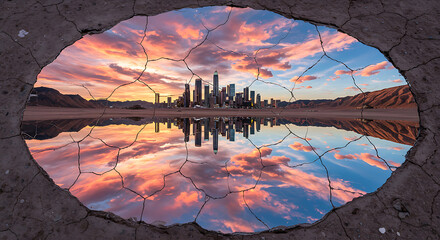 Futuristic Cityscape Reflection in Desert Cracks at Sunset