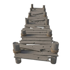 Obraz premium Rustic wooden pier structure with weathered planks and rope detail, isolated