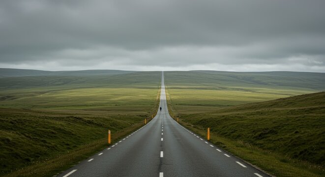 A long road stretches into the distance under an overcast sky with fields on either side representing travel and journey