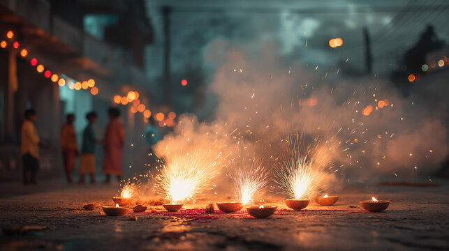 Celebrate diwali festival of lights with fireworks and diyas on street at night india