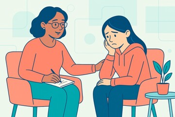 Therapist comforting a sad young person during counseling session in a cozy room with light abstract background, mental health support concept. Ai generative