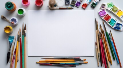 Naklejka premium A blank canvas surrounded by vibrant brushes and paints, inspiring creativity and artistic expression.