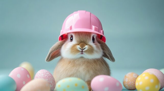 cute brown bunny wearing a pink construction helmet surrounded by colorful patterned Easter eggs on a soft blue background - Powered by Adobe