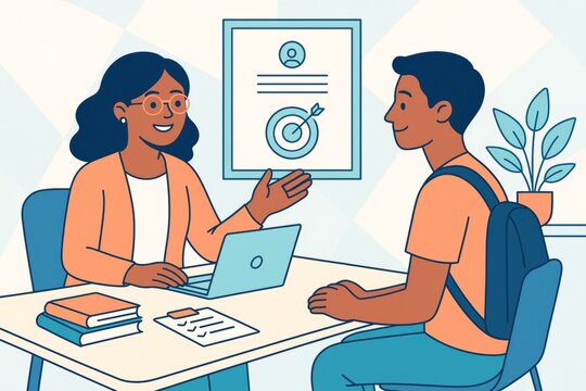 School counselor talking with student in a positive academic advising session in modern office environment with books and computer on desk. Ai generative