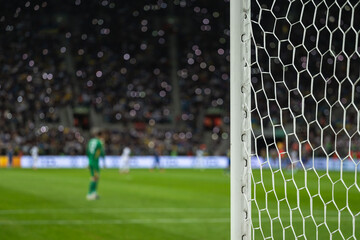 Detail of goal's post with net and football player during match.