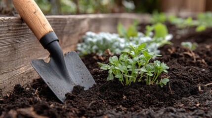 A close-up of a shovel in rich soil, surrounded by growing plants, showcasing the beauty of gardening.