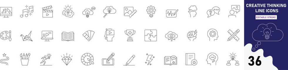 Fototapeta premium Creative Thinking Line Icons Set. 36 outline vector icons with innovation, brainstorming, ideas, problem-solving, design, and teamwork. Perfect for business, education, and apps