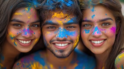 Three young adults covered in vibrant colored powders smiling closely together, expressing joy and celebration